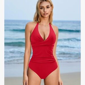 Red SUUKSESS Women Sexy Tummy Control One Piece Swimsuits Halter Push Up Swim M